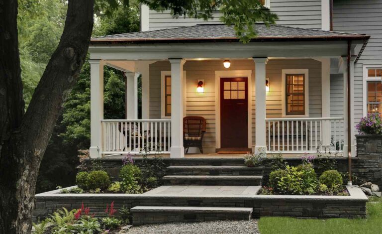 Luxury suburban porch decor usa architectural styling and tactile materials